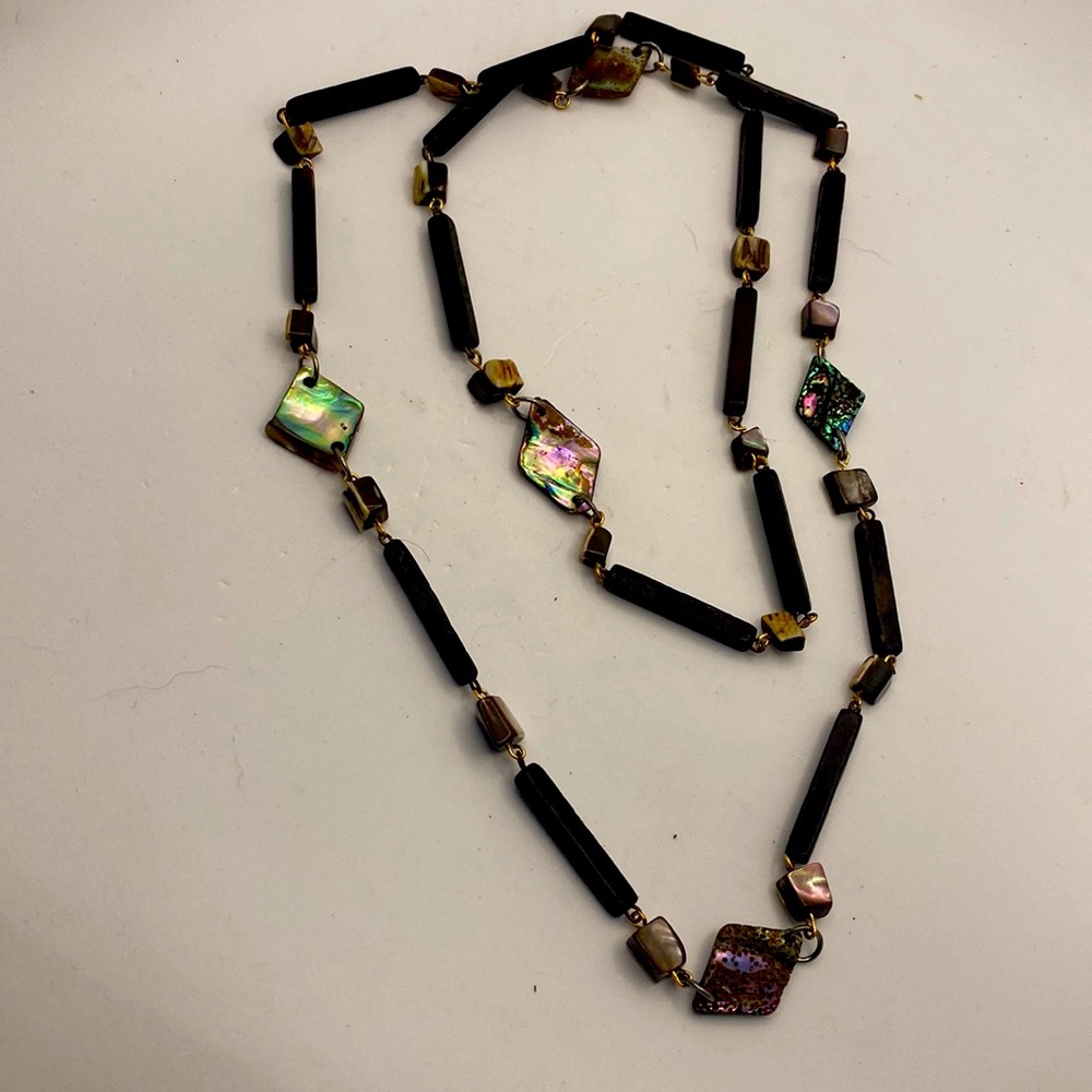Reclaimed Wood and Abalone Shell Necklace With Lobster Clasp